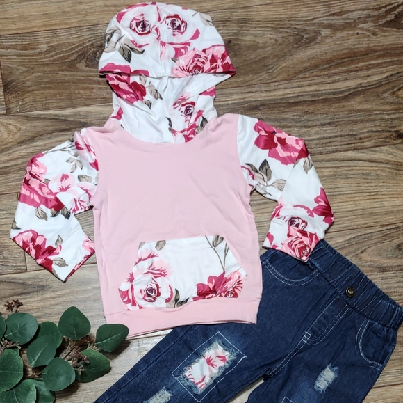 Other - Pink Floral Hoodie + Jeans Toddler Set